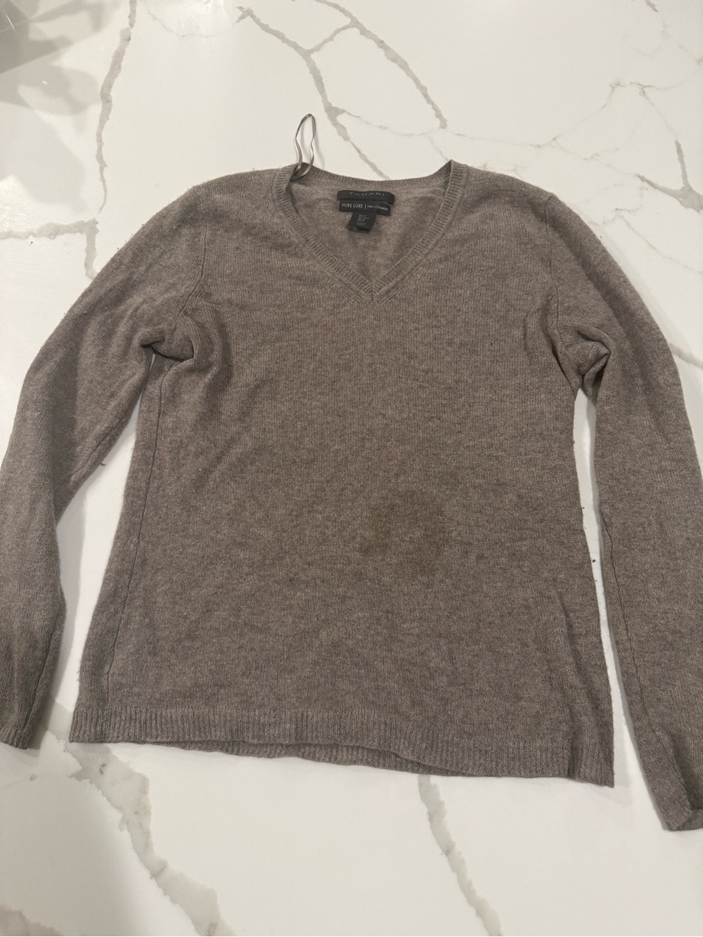 Tahari Taupe V-Neck Pure Cashmere Sweater